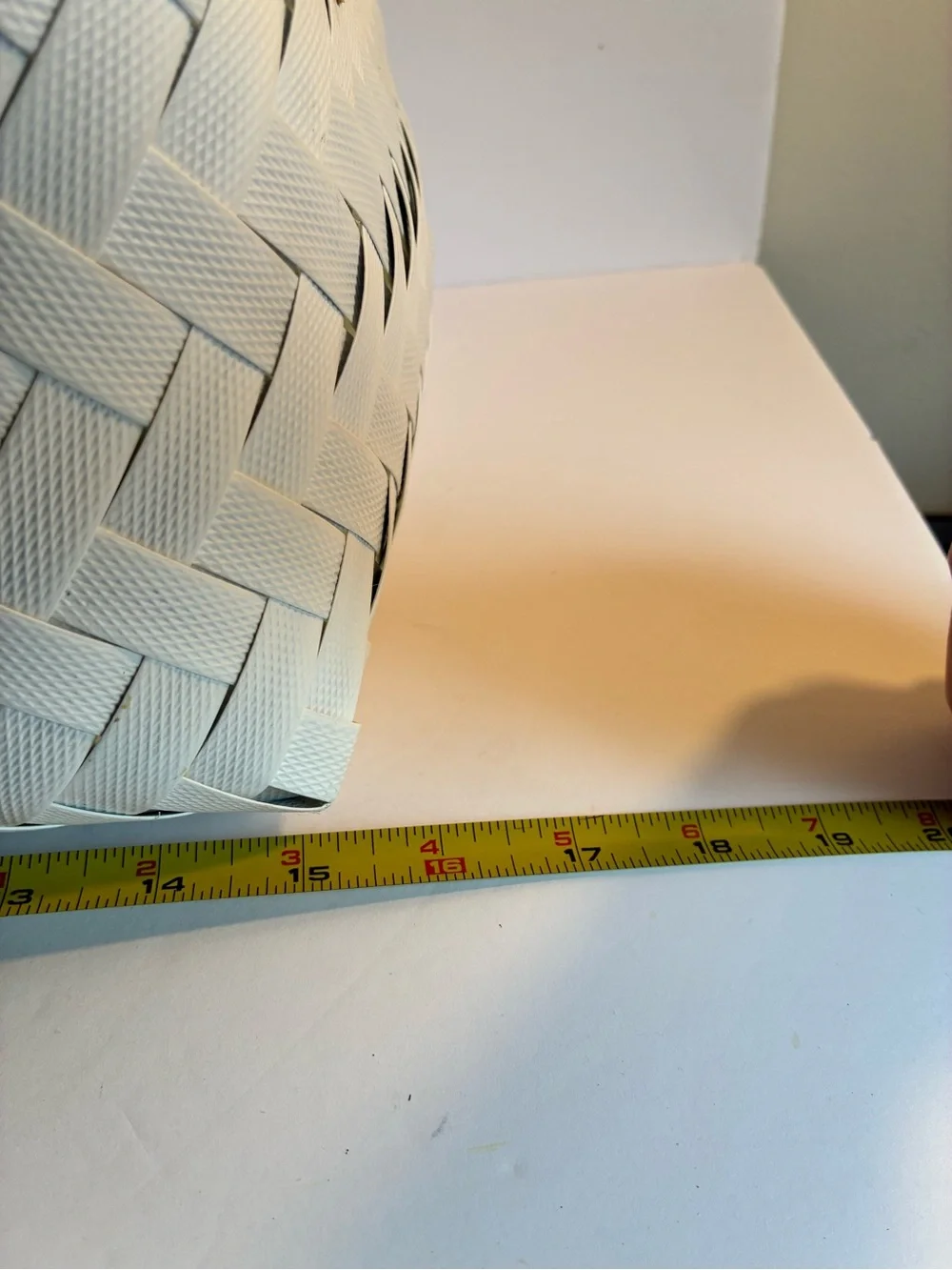 White Woven Plastic Basket with Bamboo Trim